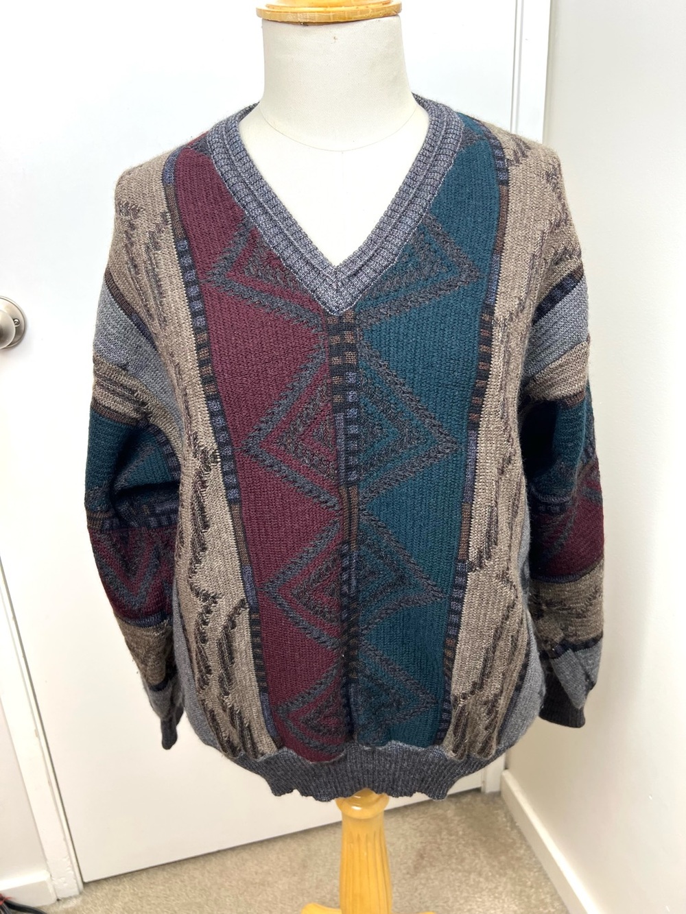 Robert Banks Vintage 100% Wool 3D Textured Knit Sweater sz XL Multicolor Grandpa